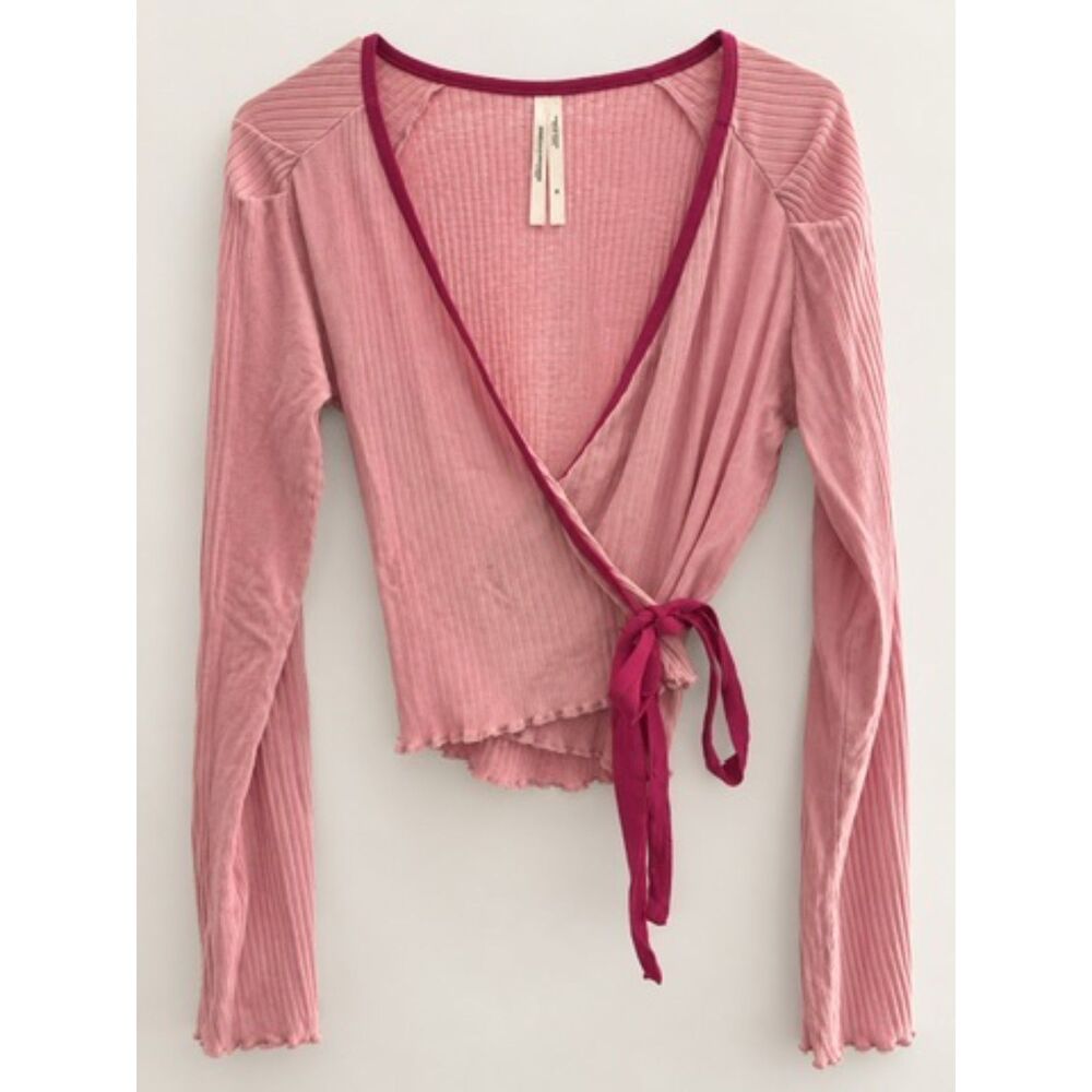 Anthropologie Pink Ribbed Wrap Tie Long Sleeve Top XS